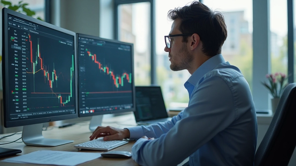 Grafik zeigt grüne und rote Kerzen auf einem Börsendiagramm mit Volumenindikatoren, die Marktbewegungen visualisiert