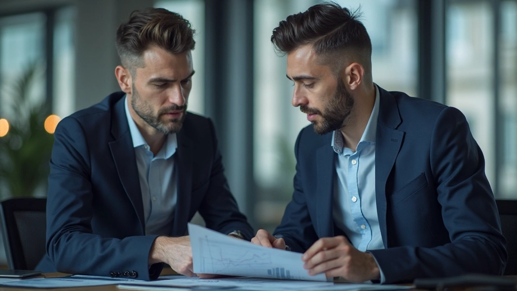 Zwei Trader analysieren gemeinsam Charts und Marktdaten an einem professionellen Handelsarbeitsplatz