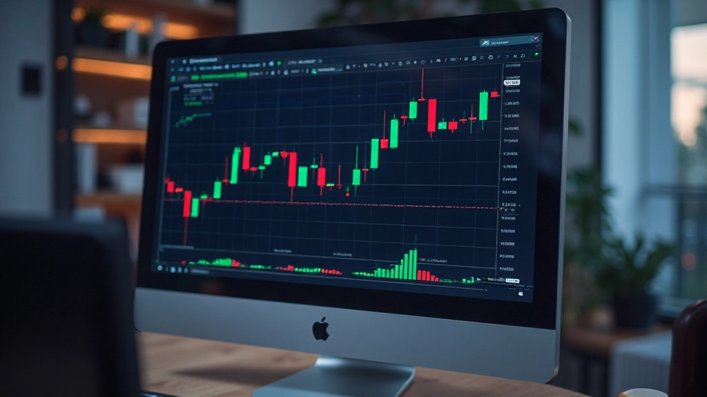 Grafik mit Candlestick-Mustern und technischen Analyseindikatoren auf dunklem Hintergrund