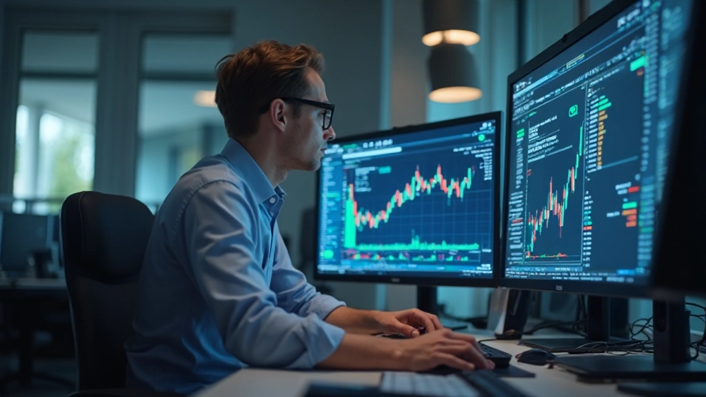 Day Trader vor mehreren Bildschirmen mit Echtzeit-Marktdaten, technische Indikatoren und Chartsignale, intensiver Fokus auf schnelle Marktbewegungen