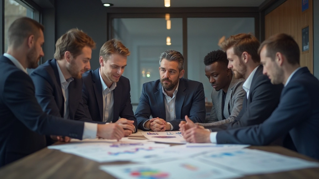 Team von Finanzfachleuten in Besprechung mit Charts und Analysedaten auf Whiteboard und Computern, professionelle Finanzumgebung mit modernem Design