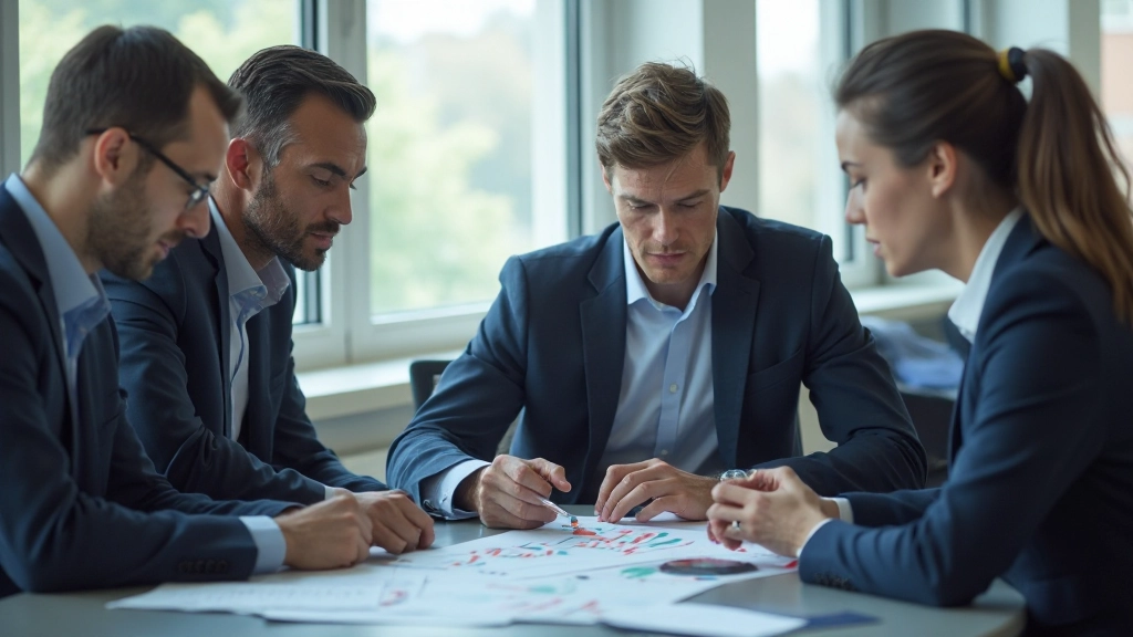 Gruppe von Finanzfachleuten bespricht Kursdiagramme während eines Trainings