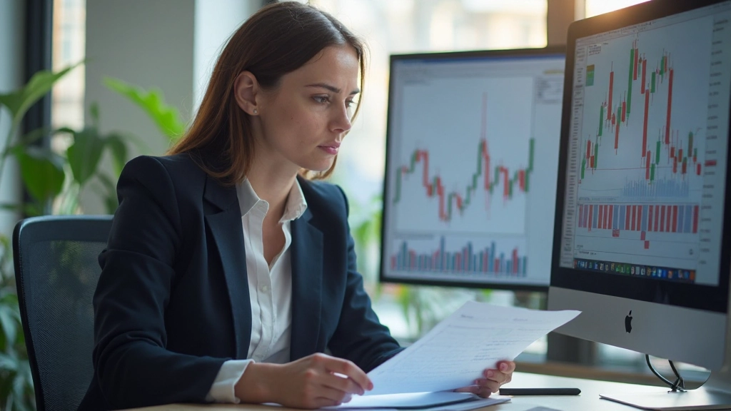 Laptop-Bildschirm zeigt Handelsdiagramme, Trendanalyse und Risikoindikatoren