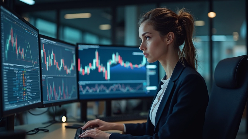 Trader analysiert mehrere Marktcharts und Indikatoren auf großem Bildschirm mit konzentriertem Blick
