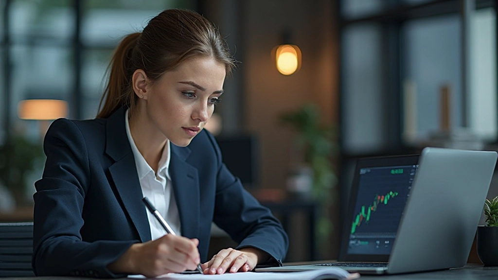 Fotografie eines Traders, der konzentriert Notizen in einem Notizbuch macht während er Marktcharts analysiert, warmes Bürolicht