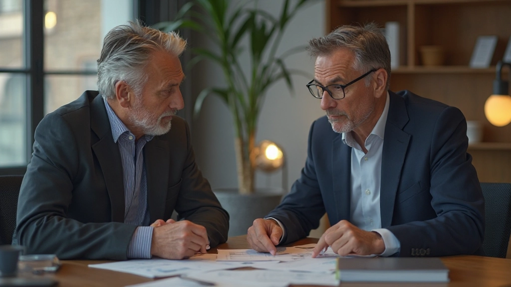 Professionelles Foto eines Finanzberaters in Konsultation mit einem Kunden, der Dividenden-Strategie besprechen, warmes Büro-Licht, vertrauenswürdige Atmosphäre, beide sitzend am Konferenztisch, verschwommener Hintergrund, KEIN Text, KEINE Wasserzeichen