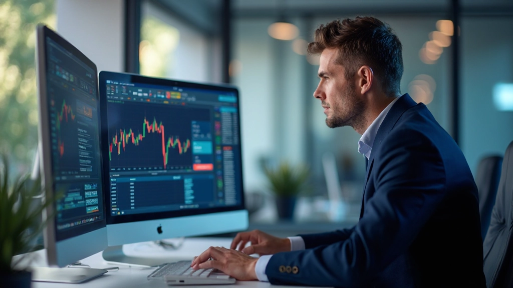 Professionelles Foto eines Finanzanalysten bei der Arbeit mit Marktdaten auf Bildschirm in modernem Büro