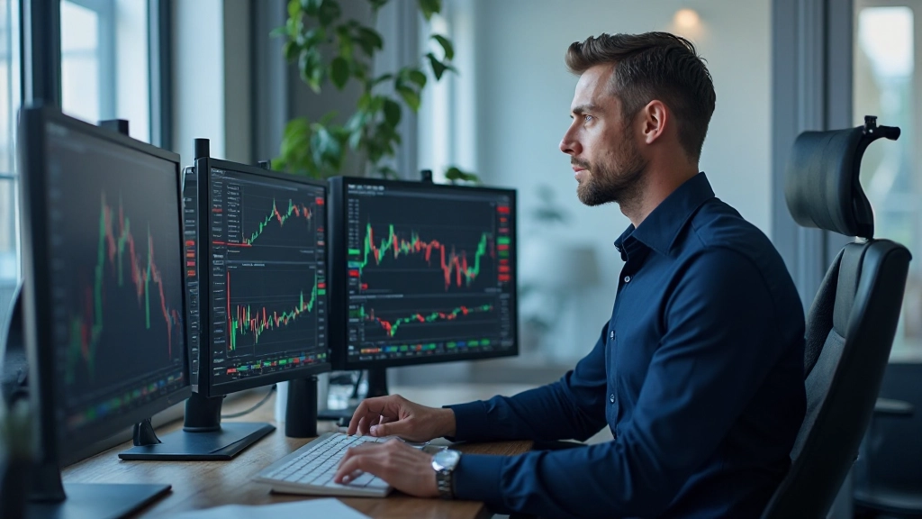 Professionelle Marktanalytiker untersuchen Handelsdiagramme und Marktdaten auf modernem Monitor in Finanzkontor mit natürlicher Beleuchtung