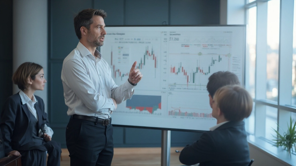 Technischer Analyst präsentiert Chart-Muster an Whiteboard mit verschiedenen Diagrammformationen