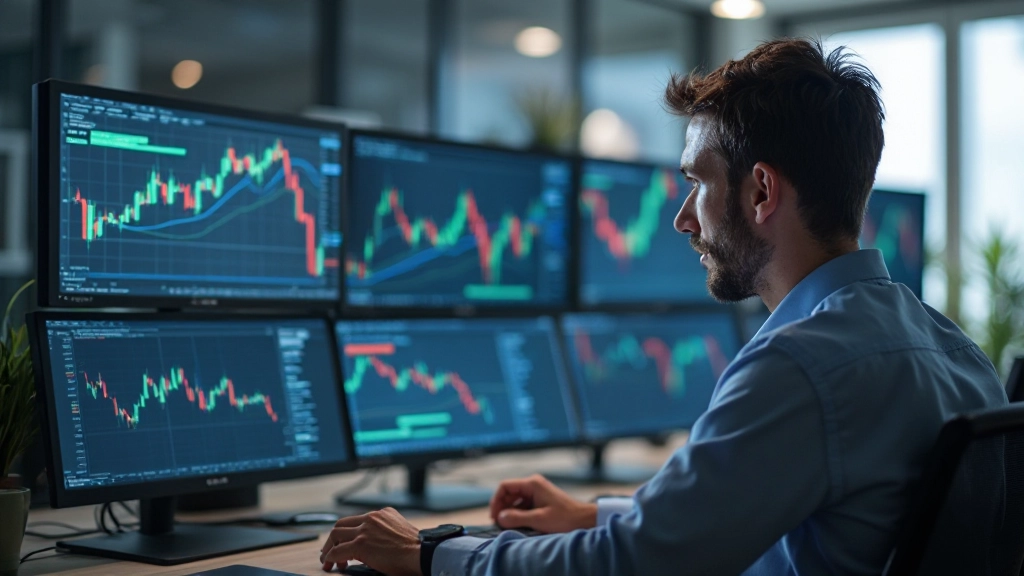 Professionelle Fotografie eines Händlers, der Marktdiagramme und Indikatoren auf mehreren Bildschirmen analysiert