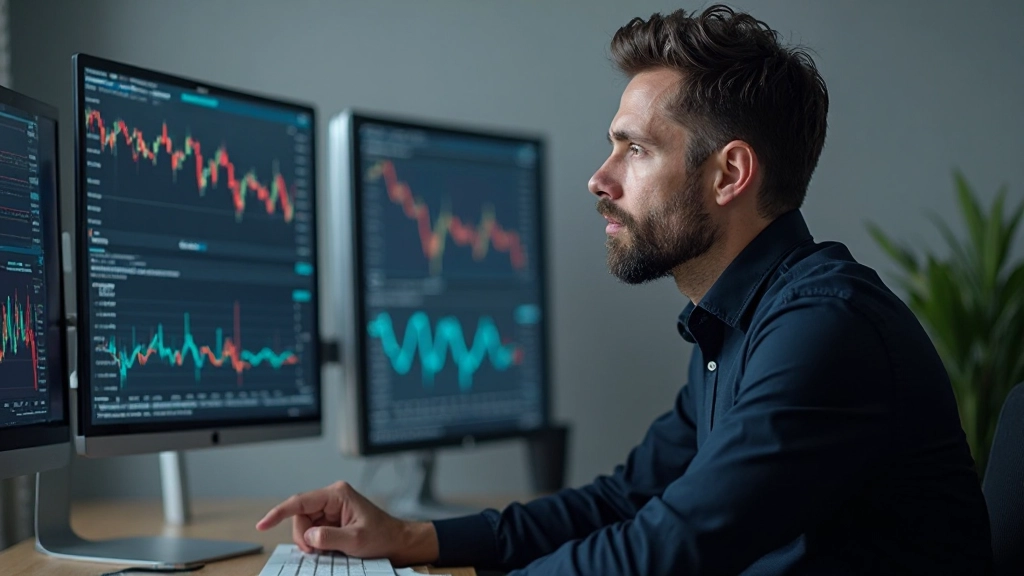 Professionelles Bild eines Traders bei der konzentrierten Marktanalyse am Computer mit Finanzdiagrammen