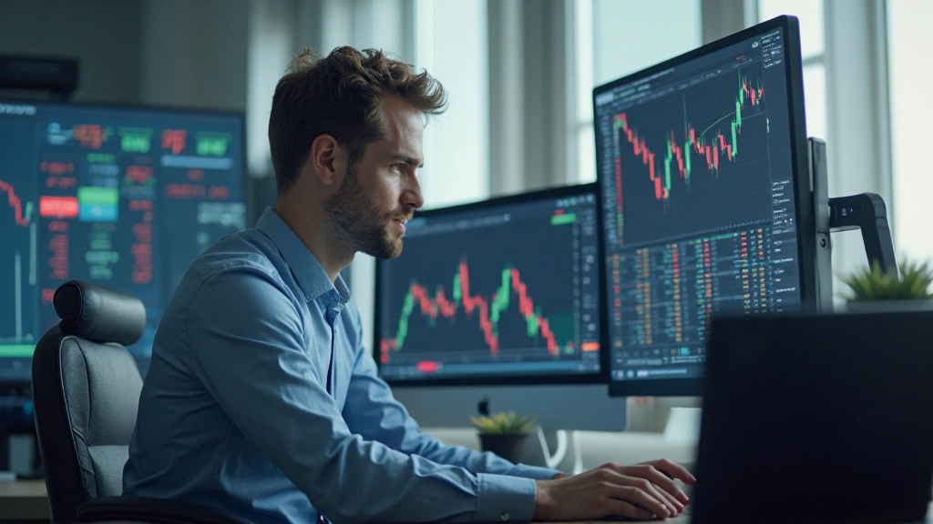 Trader analysiert Handelsmetriken auf Mehrmonitor-Setup mit detaillierten Performance-Diagrammen