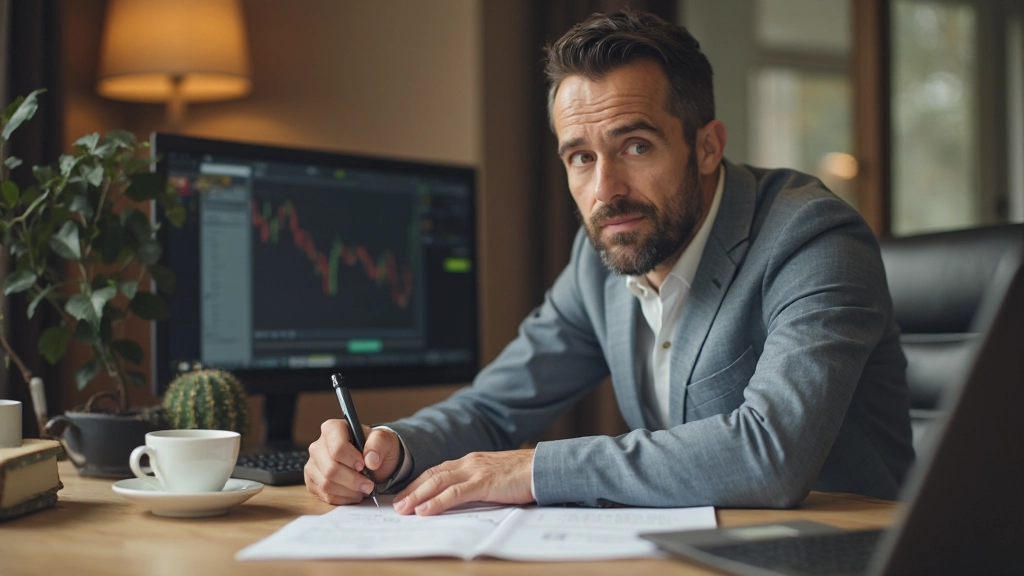 Trader dokumentiert Handelsgewinne und Verluste in Notizbuch mit Analyse-Metriken