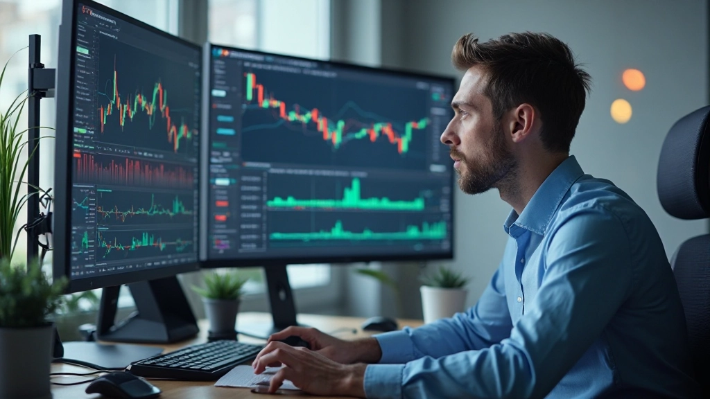 Professioneller Trader analysiert Marktdaten auf mehreren Bildschirmen mit modernen Finanzcharts