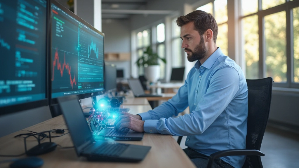 Investor mit Laptop überprüft automatisierte Handelsroboter und Algorithmen