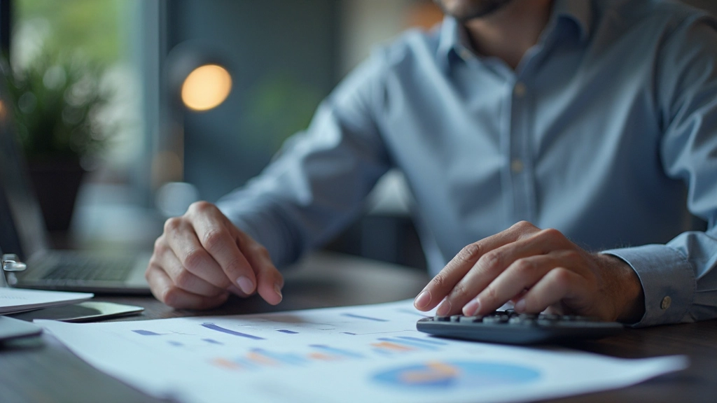 Person bei der Analyse von Finanzzielen mit einem Taschenrechner und Jahresbericht