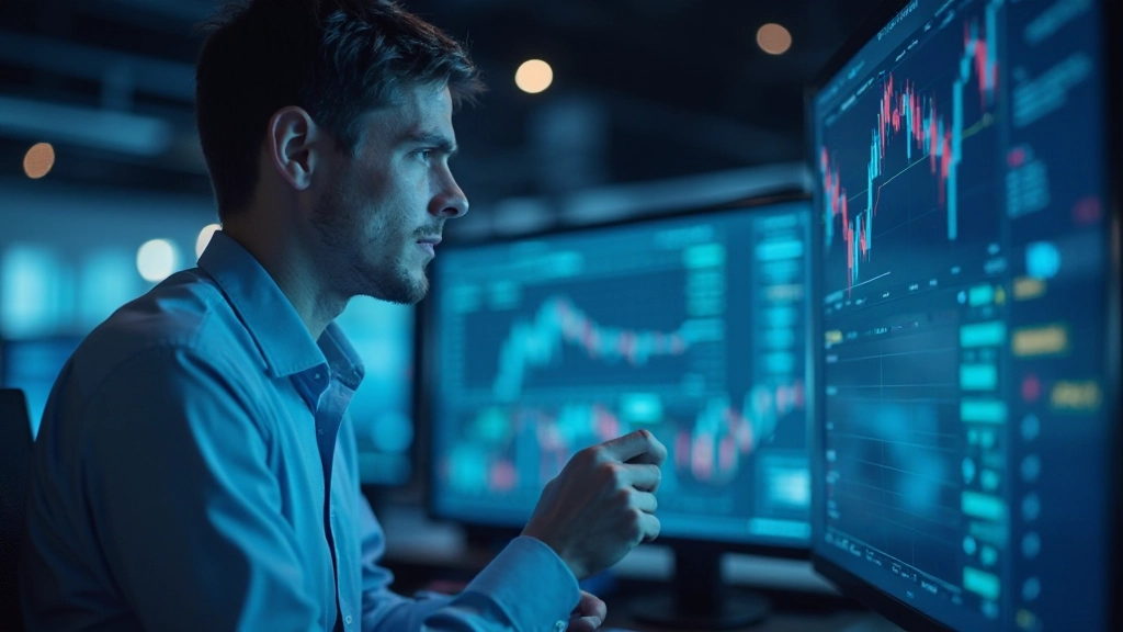 Marktanalyst untersucht Markttrends und Indikatoren auf mehreren Bildschirmen