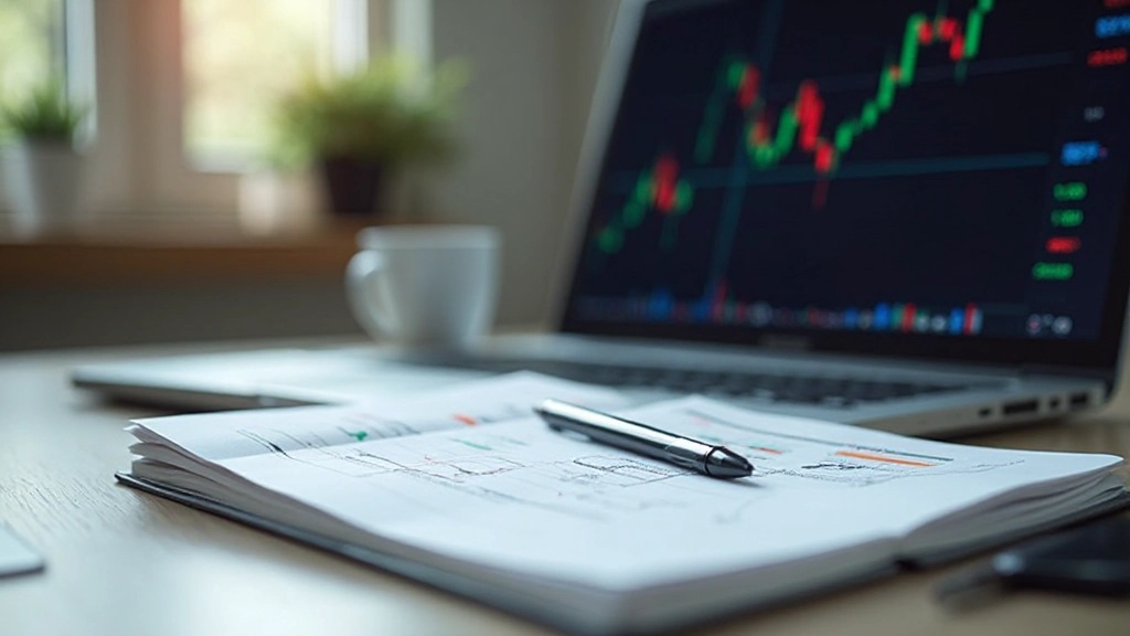 Grafische Darstellung von Börsencharts und Handelskonzepten mit Notizbuch und Stift auf Schreibtisch