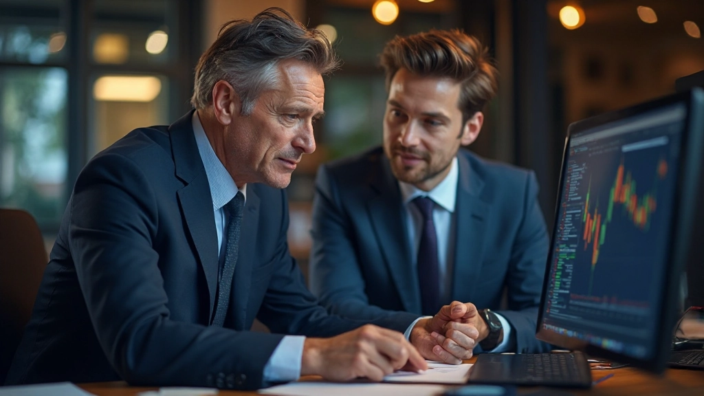 Mentoring-Sitzung zwischen erfahrenem Trader und Anfänger in professioneller Umgebung mit Marktdaten
