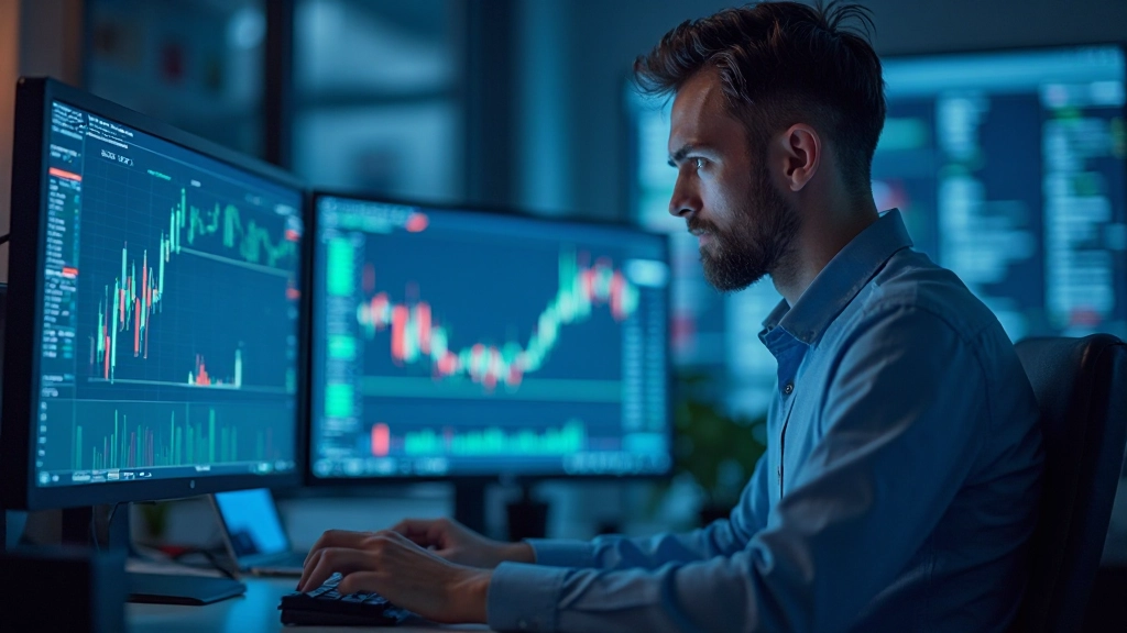 Systematischer Trader analysiert Kosteneinsparungen und Gewinnoptimierung an mehreren Monitoren