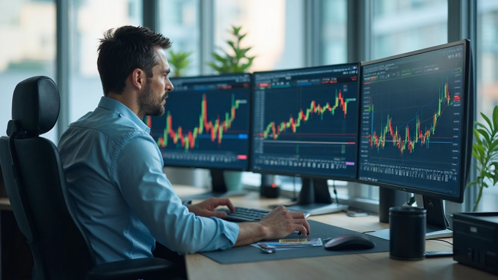 Professionelles Foto von Trader, der Marktdiagramme analysiert, modernes Handelsdesk mit mehreren Bildschirmen, natürliche Beleuchtung, unscharfer Hintergrund