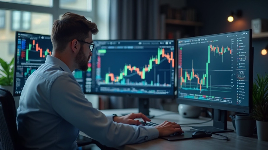 Professionelles Foto eines Traders, der Marktdiagramme analysiert, modernes Handelsbüro mit Finanzschirmen, natürliche Beleuchtung, verschwommener Hintergrund