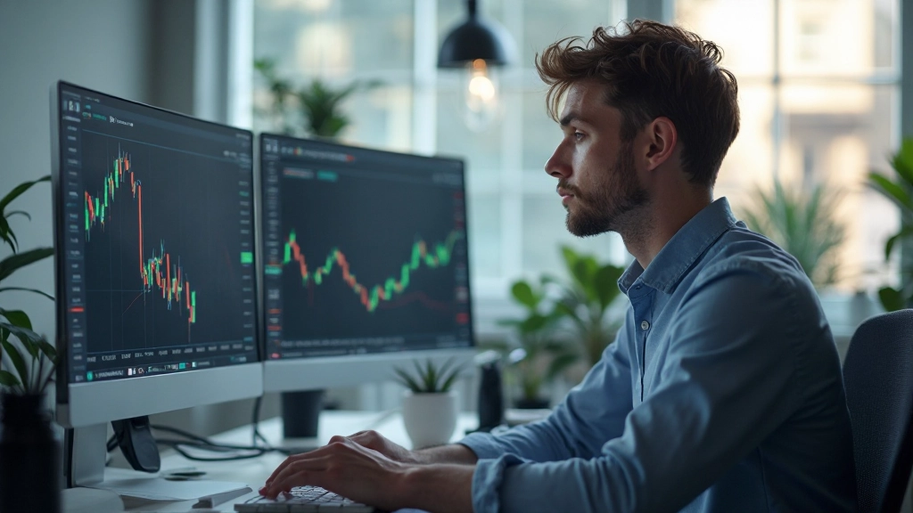 Mehrere Bildschirme mit Echtzeit-Marktdaten, Handelsplattform und technischen Analyseinstrumenten