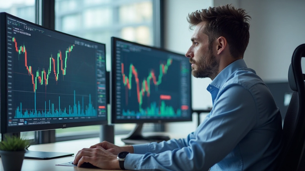 Professionelles Foto eines Traders, der an mehreren Monitoren mit Echtzeit-Handelsdiagrammen und Marktdaten arbeitet, modernes Handelsdesk-Setup, natürliche Beleuchtung, unscharfer Hintergrund