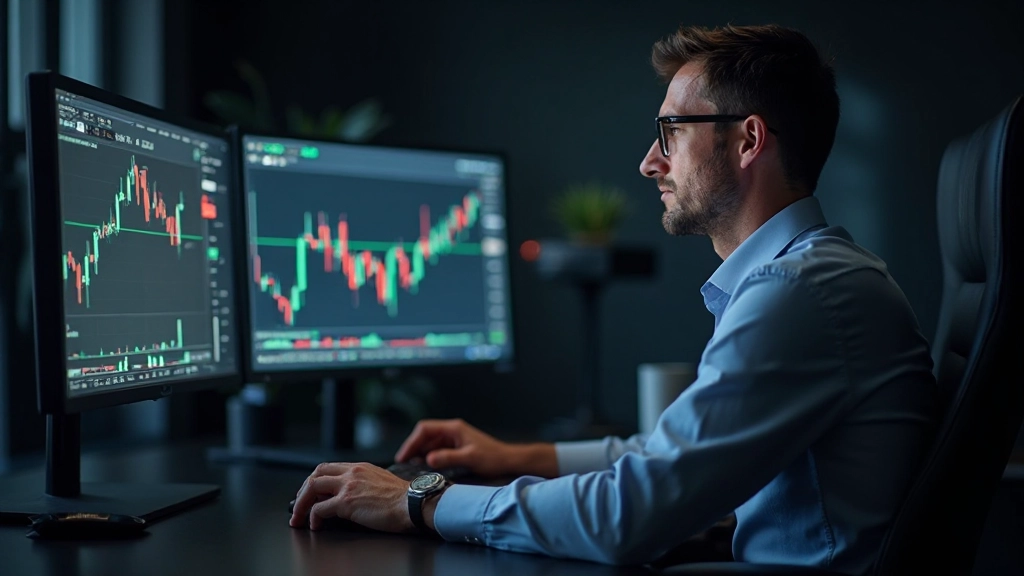 Grafische Darstellung von technischen Indikatoren auf einem Handelsbildschirm mit Candlestick-Diagrammen und Linienüberlagierungen