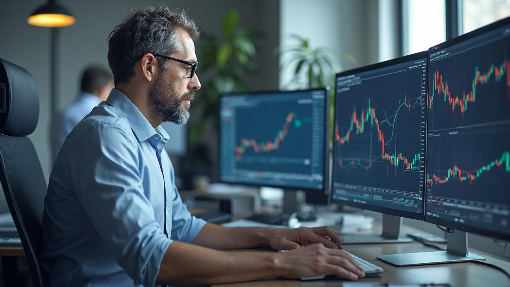 Professioneller Trader überwacht Marktrisiken an mehreren Bildschirmen mit Echtzeit-Datenvisualisierung