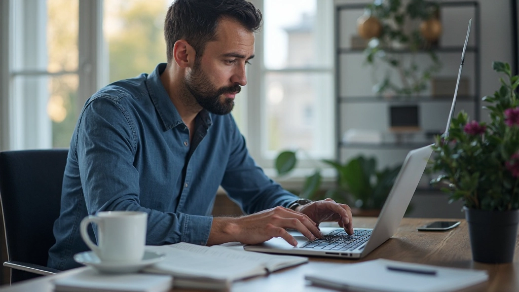Person arbeitet an Laptop mit detailliertem Handelsjournal und Statistiknotizen, organisierter Workspace