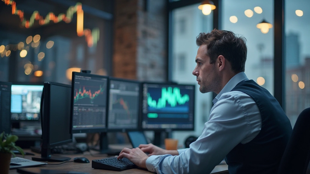 Trader am Schreibtisch verfolgt wirtschaftliche Nachrichten und Marktreaktionen auf Bildschirmen