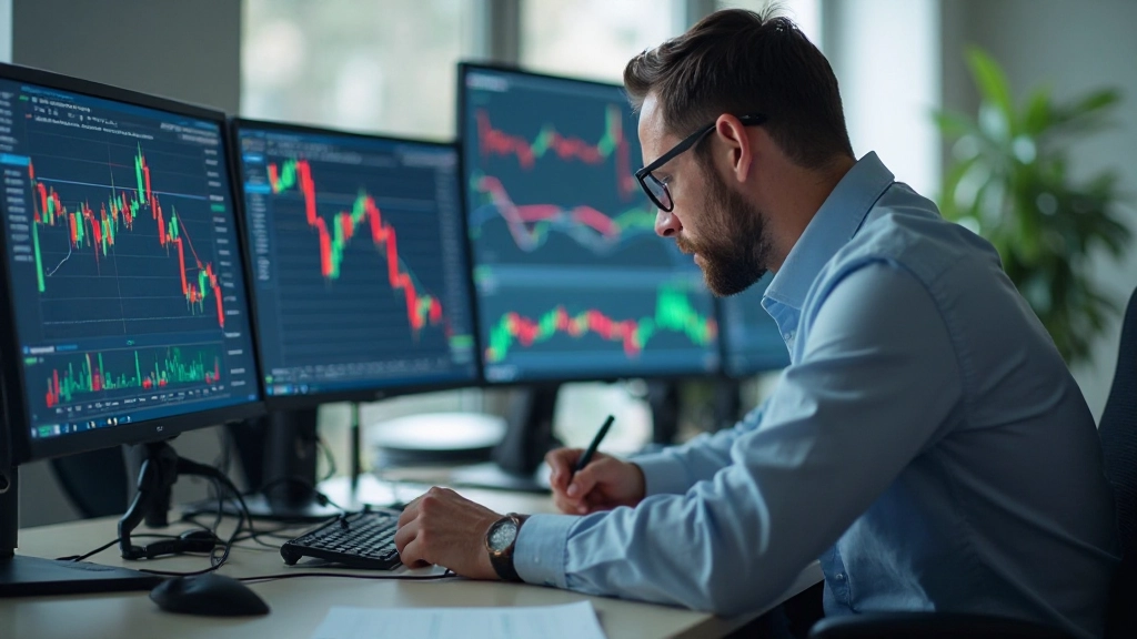 Trader notiert sich Analyseergebnisse und Handelsplan basierend auf Trendanalyse, Notizbuch und Stift neben mehreren Monitoren mit Charts, professionelles Handelszimmer