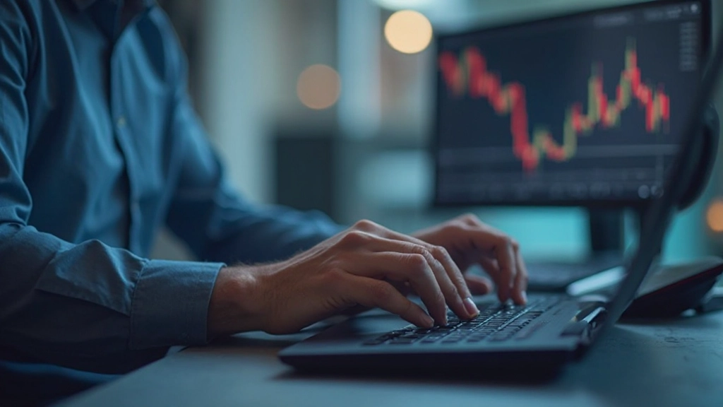 Nahaufnahme von Händen, die auf einer Tastatur tippen während Handelsdiagramme auf dem Monitor sichtbar sind, professionelle Beleuchtung
