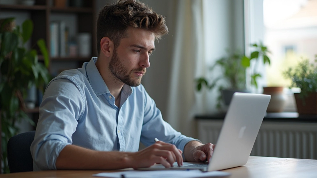 Junger Investor arbeitet am Laptop mit offener Handelsplattform, notiert Handelsplan in Notizbuch